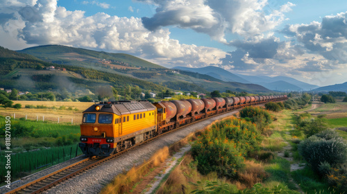 A yellow freight train carries goods across a scenic rural area, with hills and a clear sky.