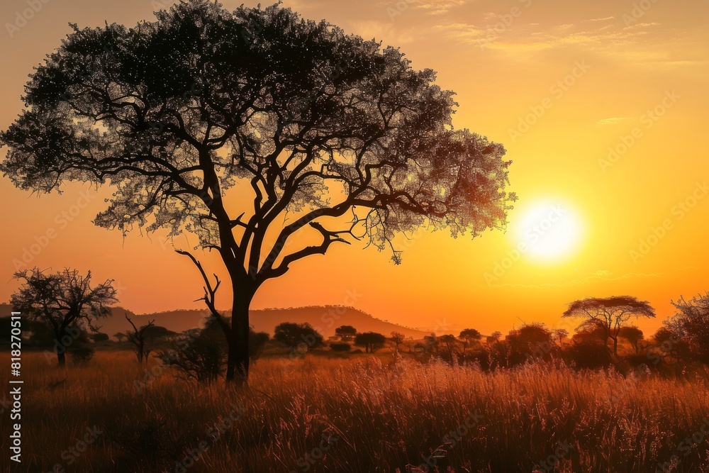 Portrait sunset  with tree , A safari sunset in the  of Africa, AI generated