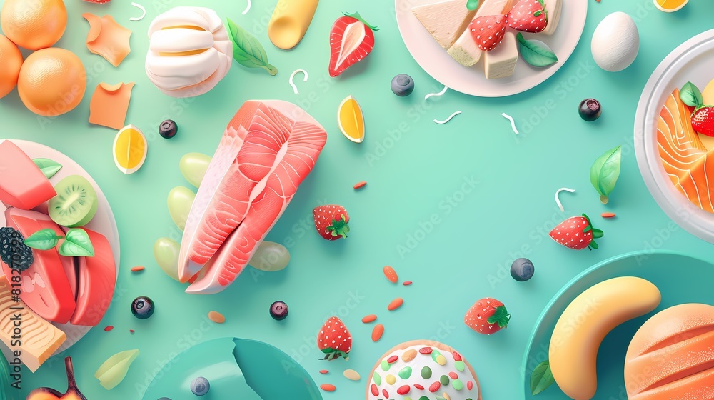 A vibrant assortment of fresh food and sweet treats on a pastel backdrop A vibrant assortment of fresh food and sweet treats on a pastel backdrop
