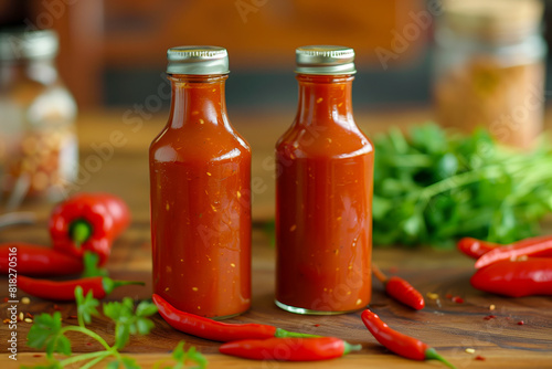 Bottles of hot sauce and peppers on cutting board with herbs