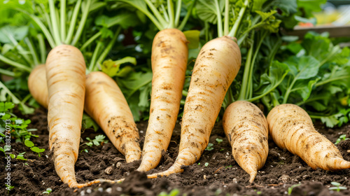 A close up of a bunch of parsnips in the dirt photo