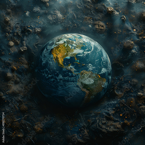 A realistic photo of the Earth with an aerial view, surrounded by debris and smoke, symbolizing environmental destruction.conveys hope for human friendship to all living beings on earth.