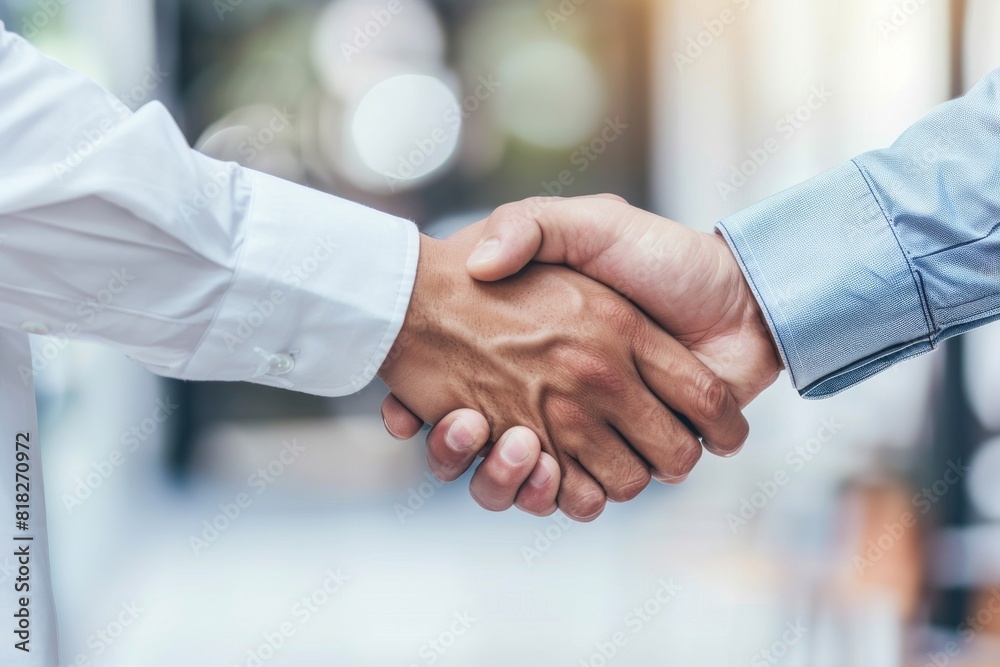 Two individuals in professional attire engage in a handshake, symbolizing agreement or greetings, with a blurred background Two individuals in professional attire engage in a handshake, symbolizing agreement or greetings, with a blurred background