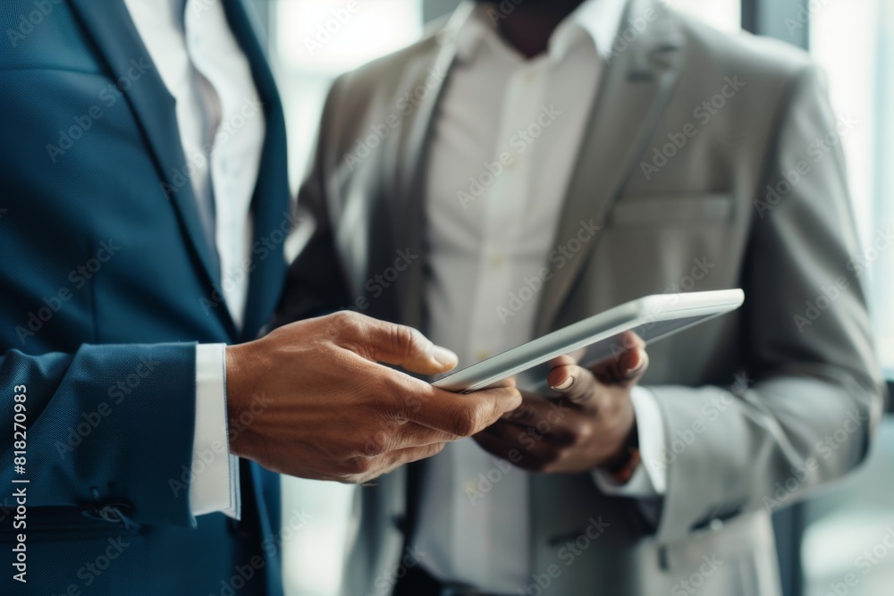 Close-up image of two individuals in business suits using a digital tablet, focusing on their hands Close-up image of two individuals in business suits using a digital tablet, focusing on their hands