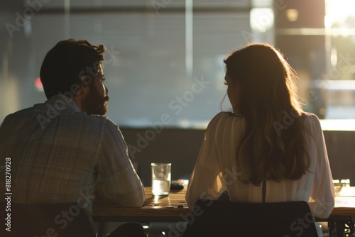 A close-up of two people silhouetted against the warm light of a sunset during a meeting