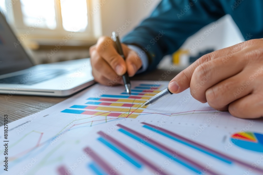 A professional setting with an individual reviewing financial charts and graphs to interpret data A professional setting with an individual reviewing financial charts and graphs to interpret data