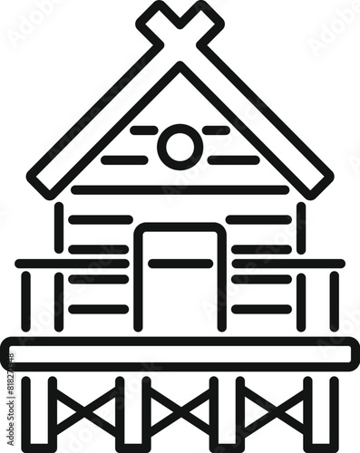 Minimalist vector illustration of a stylized log cabin icon in black and white, representing a simple, rustic, and ecofriendly home in a rural, wilderness setting