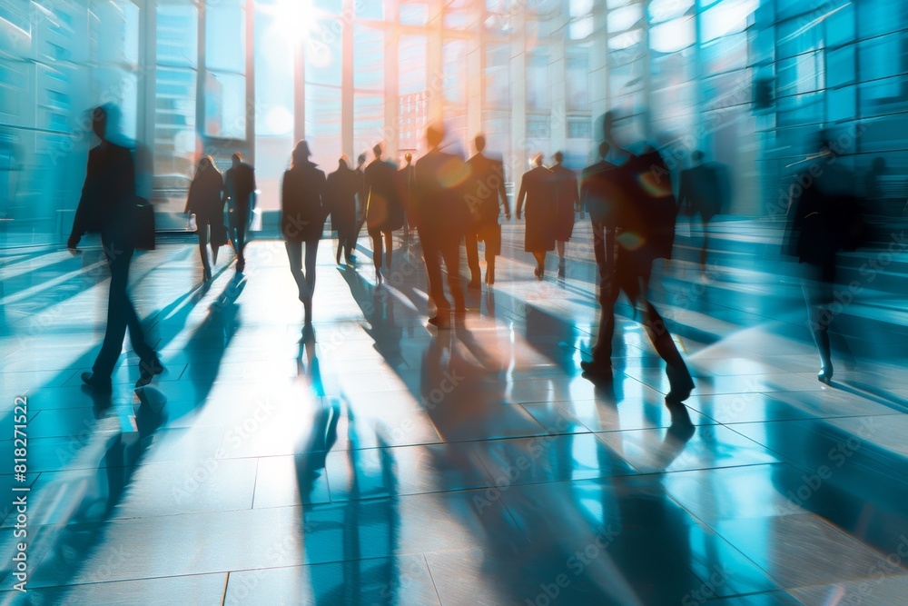 Sunlight streaming through glass structures illuminates silhouettes of busy professionals in a corporate building lobby Sunlight streaming through glass structures illuminates silhouettes of busy professionals in a corporate building lobby