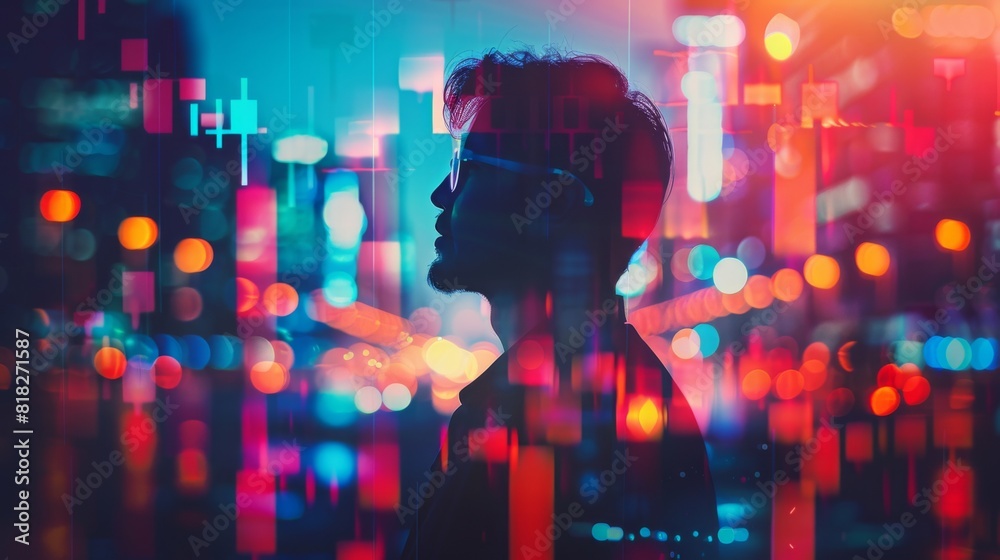 Double exposure of a businessman with a background of fluctuating stock prices and charts Double exposure of a businessman with a background of fluctuating stock prices and charts
