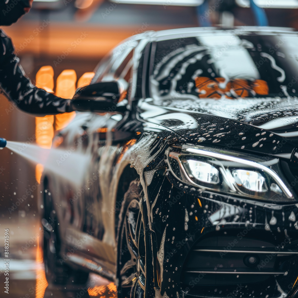 Obraz premium A man is washing a black car with a hose. The car is covered in water and soap, and the man is spraying it down with a hose. The scene is bright and sunny, and the car looks clean