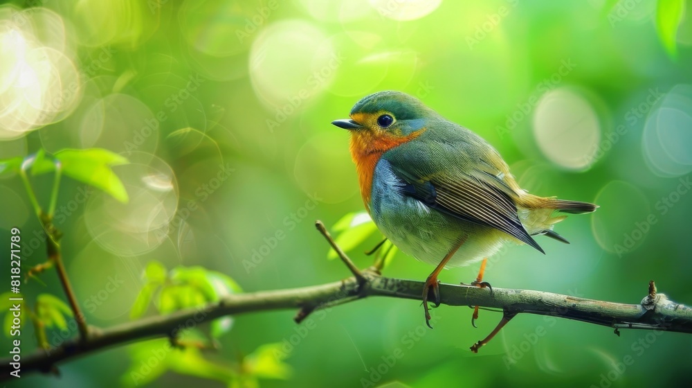 Cute bird. Green nature background.