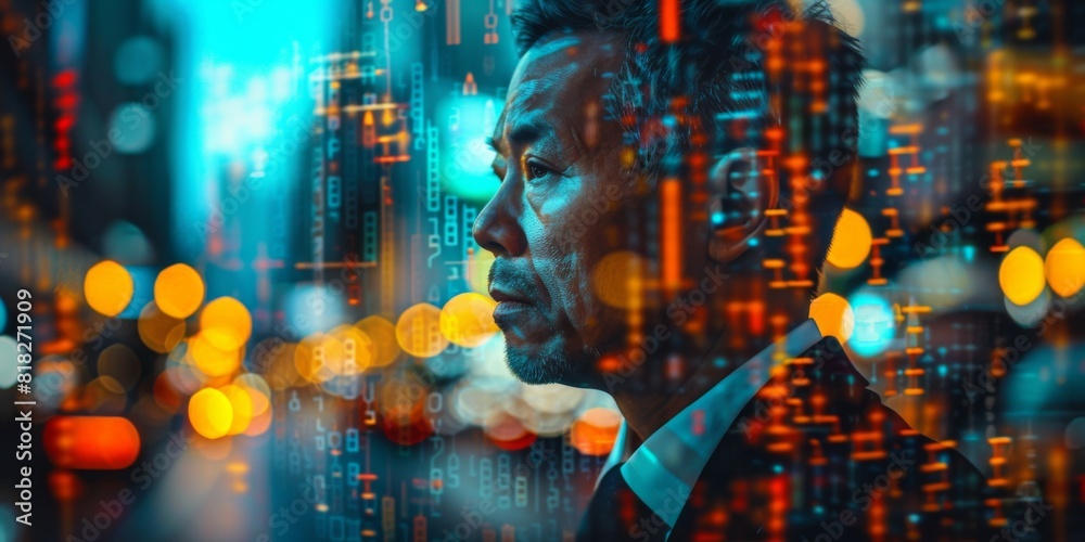 Double exposure of a businessman with rising and falling stock prices overlaid in the background Double exposure of a businessman with rising and falling stock prices overlaid in the background
