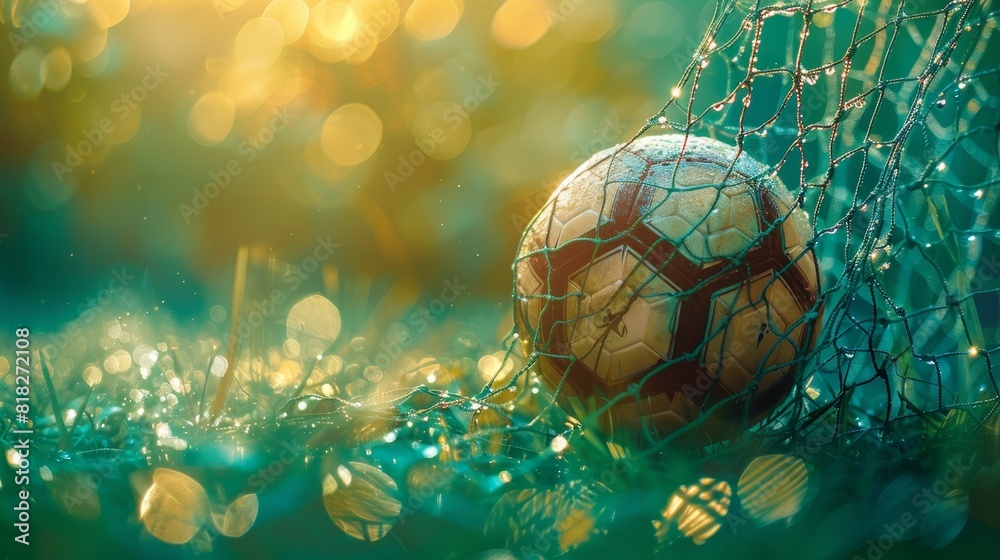 Fototapeta premium A soccer ball is sitting in a net