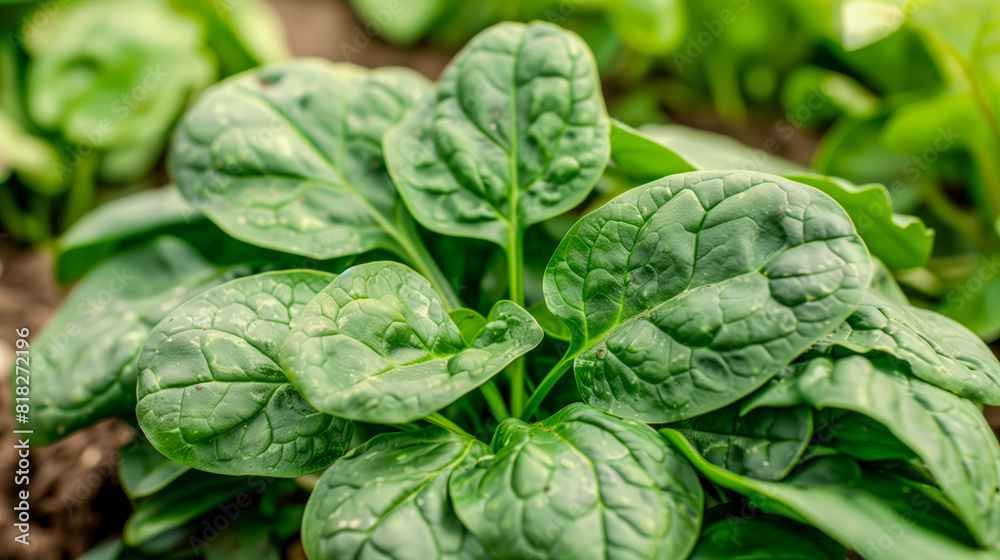 A close up of a spinach plant with green leaves growing in dirt A close up of a spinach plant with green leaves growing in dirt