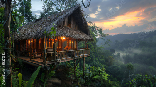 Fototapeta Naklejka Na Ścianę i Meble -  Tree house in jungle at dusk. Generative by AI
