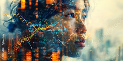 Double exposure of a businessperson's face overlaid with financial charts and graphs, symbolizing money management and investing