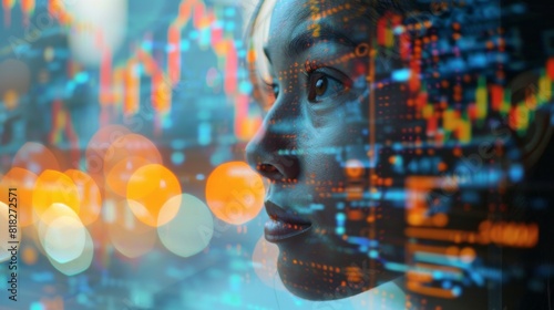 Double exposure of a businessperson s face overlaid with financial charts and graphs  symbolizing money management and investing