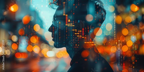 Double exposure of a businessperson's face overlaid with financial charts and graphs, symbolizing money management and investing