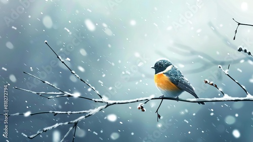 serene winter bird perched on snowy branch delicate nature illustration capturing peaceful moment