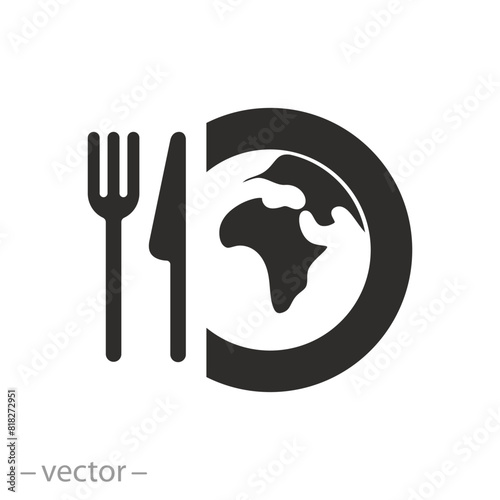 globe and fork with knife icon, food on earth, concept world hunger, flat symbol on white background - vector illustration