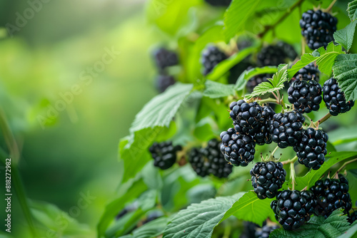 Blackberries clusters on bush in sunlight
