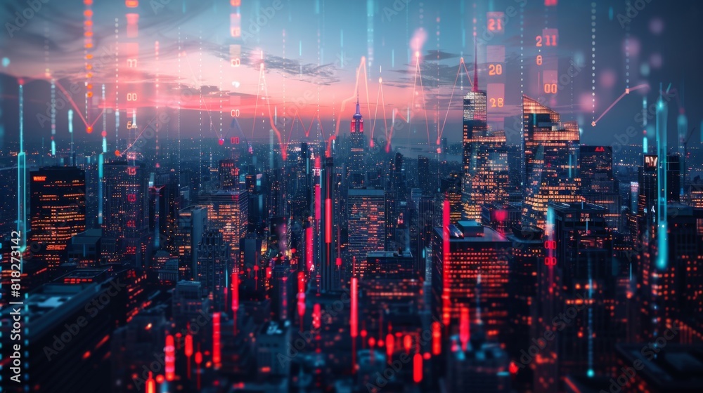 Double exposure of a city skyline overlaid with investment graphs and financial data, representing urban business finance