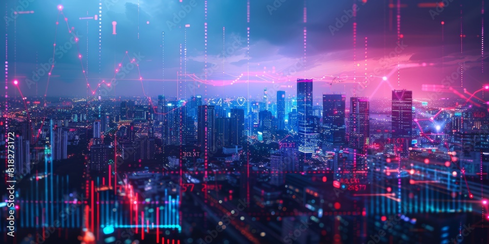 Double exposure of a city skyline overlaid with investment graphs and financial data, representing urban business finance