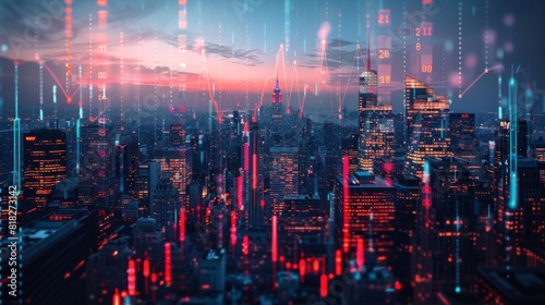 Double exposure of a city skyline overlaid with investment graphs and financial data  representing urban business finance