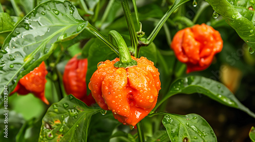 Many orange carolina peppers growing on the plant with water droplets