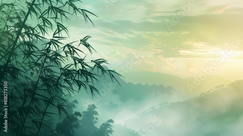 bamboo tree with sparse foliage against stunning natural backdrop serene zen landscape digital illustration