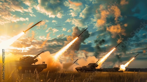 panoramic view of military battalion defense system launching missiles wide poster design photo