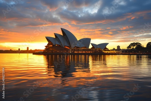 Sunset view of the Sydney Opera House with the harbor in the foreground, view of Sydney Opera House, AI generated photo