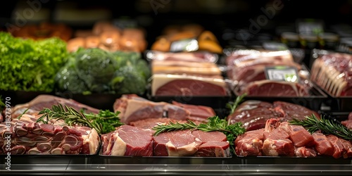 Assorted raw red meat cuts on display at a supermarket meat counter. Concept Fresh Meats, Butcher's Selection, Market Display, Raw Cuts, Red Meat