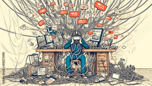A doodle of a stressed digital nomad tangled in VR cables, surrounded by too many notifications.