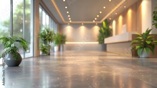 A large  empty room with a few potted plants and a vase