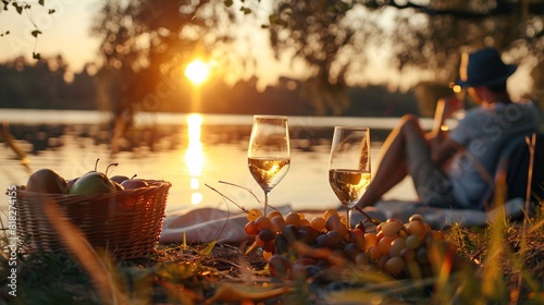 Fototapeta Naklejka Na Ścianę i Meble -  A couple enjoying a sunset picnic by the lake, with wine glasses and a basket of fruits between them