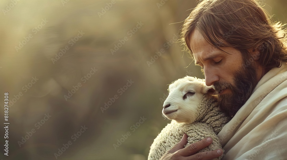 serene christian banner with jesus christ holding lamb love and protection concept copy space serene christian banner with jesus christ holding lamb love and protection concept copy space