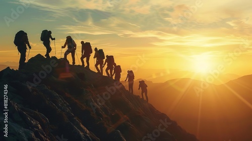 conquering together silhouette of group climbing to mountain peak at sunset teamwork and success concept photo