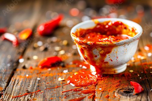A small bowl of chili sauce on a wooden table