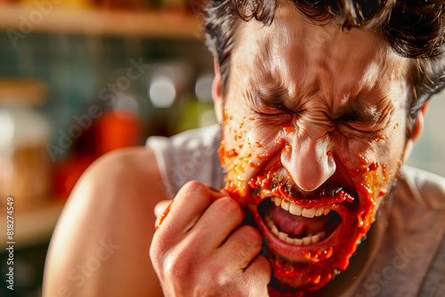A man ate very hot sauce and writhes in pain photo