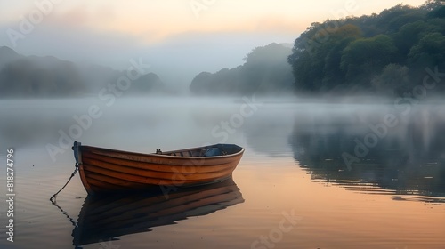 The soft light of dawn illuminates a gentle wooden boat as it drifts across the tranquil lake.