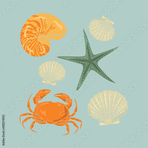 lobster, sea shell, ocean, marine, summer beach, coastal, tropical seamless background, print, greeting card, banners, web, wrapping paper, fashion, fabric, textile, wallpaper, cover