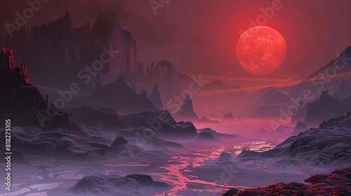 mystical landscape under red moonlight surreal fantasy scenery ai generated illustration