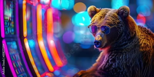 Grizzly bear in sunglasses spotted on casino floor. Concept Casino Wildlife, Unusual Sightings, Bear in Sunglasses, Funny Encounters, Unexpected Moments photo