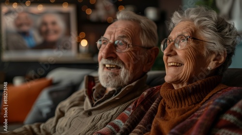 Elderly LGBTQ couple laughing together while watching a comedy show at home