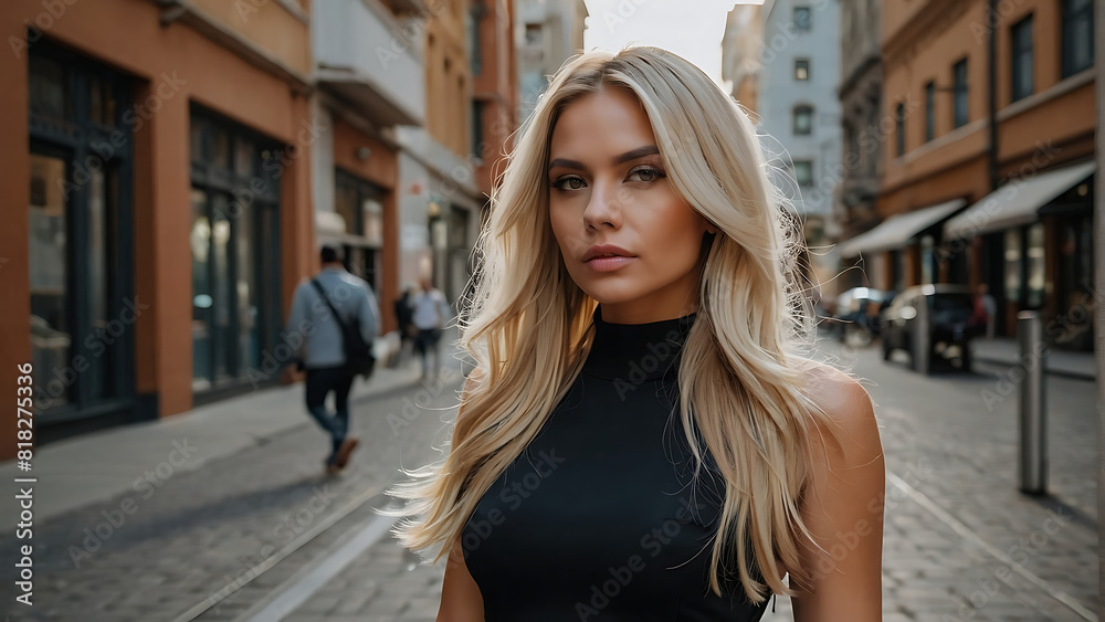 attractive woman fashion model in sleek fancy black dress walking down the street in a city attractive woman fashion model in sleek fancy black dress walking down the street in a city