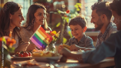 Family enjoying a meal together, a small Pride flag in a flower vase on the table photo