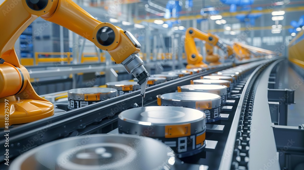 futuristic electric car battery production line with robotic arms on conveyor belt 3d illustration futuristic electric car battery production line with robotic arms on conveyor belt 3d illustration
