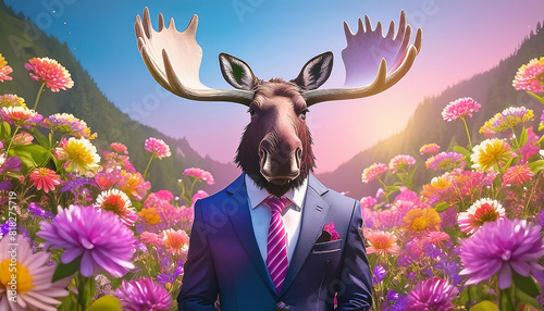 Moose in a smart suit, set within a surreal garden full of blossoming flowers and floral landscapes. This is suitable for various commercial or editorial purposes, with ample space for text photo