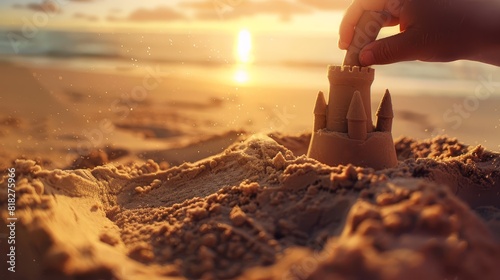A hand building a sandcastle on a beach at sunset, with golden sunlight reflecting off the ocean in the background.